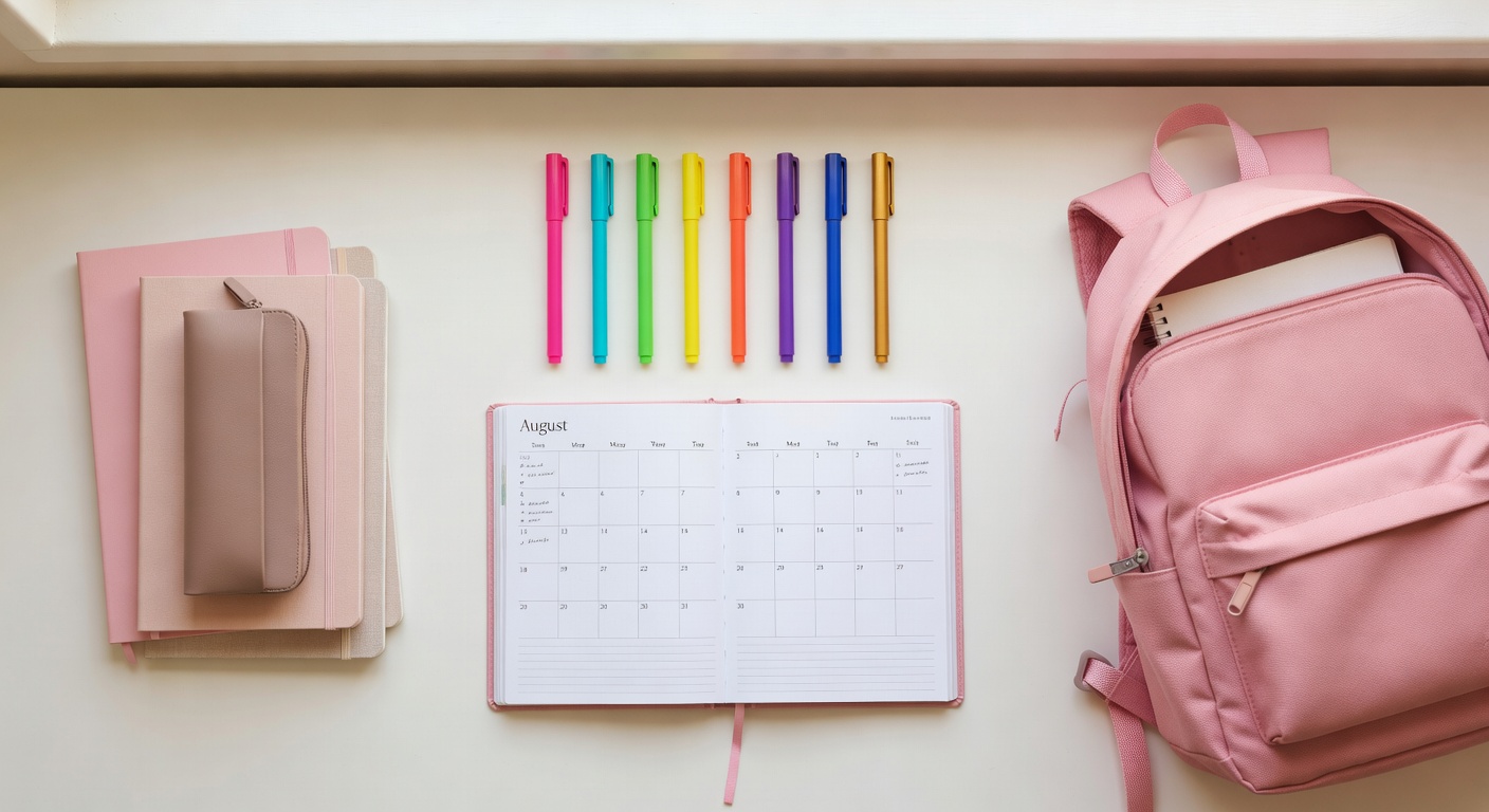 Teenager at a desk with open planner, colored pencils, and notebooks for back to school planning