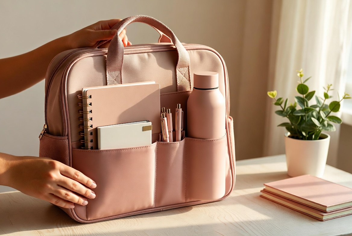 Packed school bag with notebooks, pens, and water bottle organized in exterior pockets