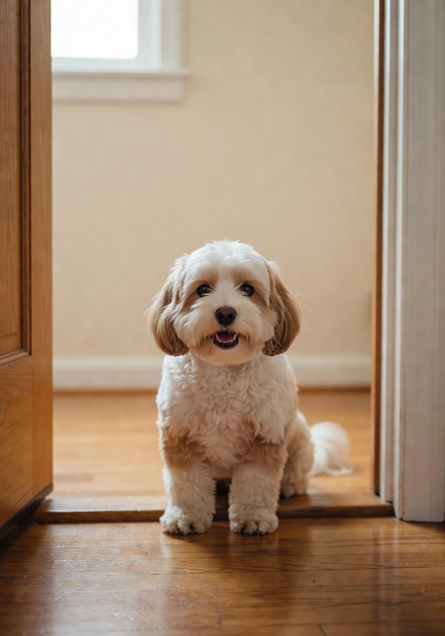 Carmy sitting by the front door, ears perked, happy and ready for whatever comes next