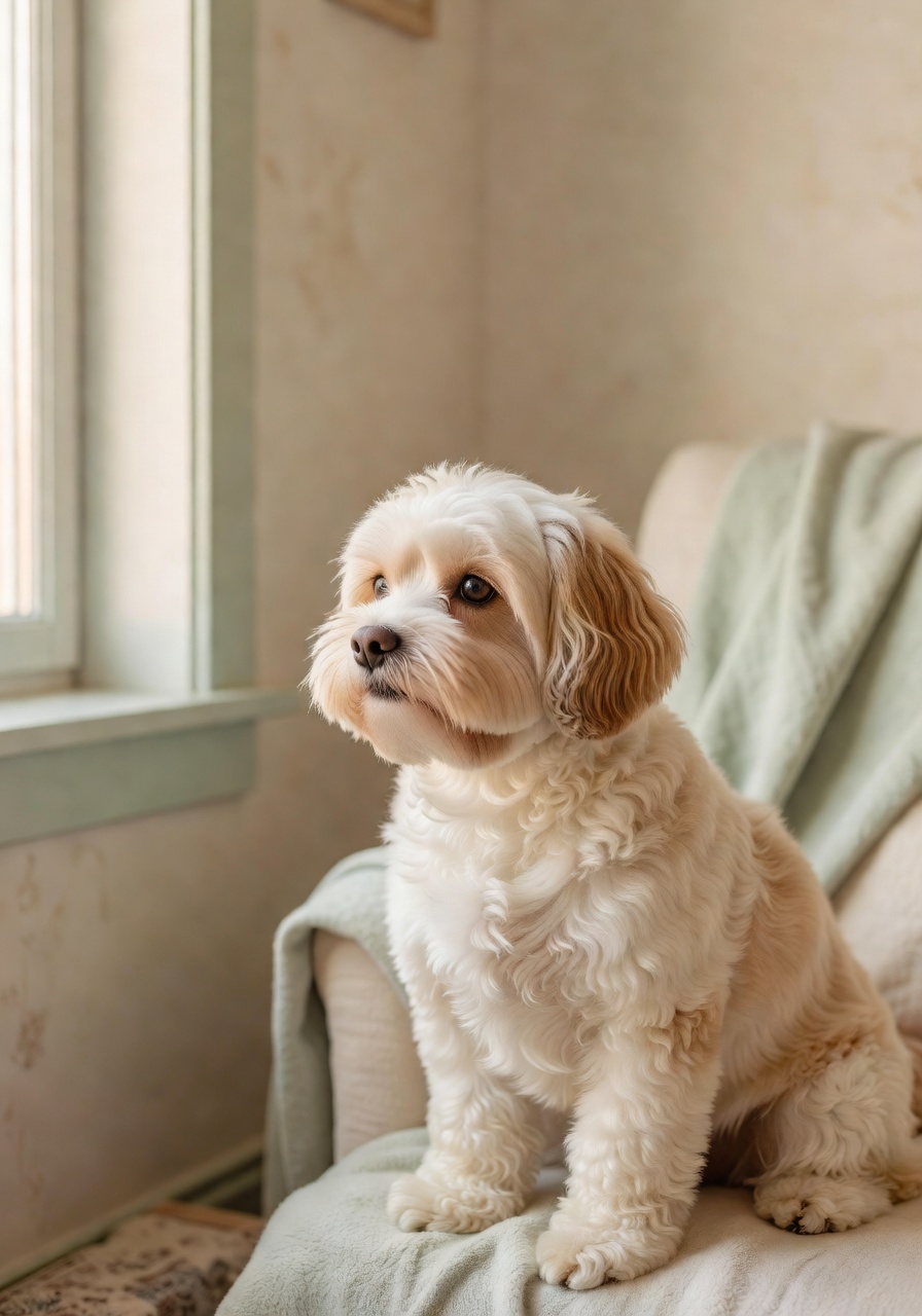 Carmy the dog sitting by the window in a patch of warm morning light