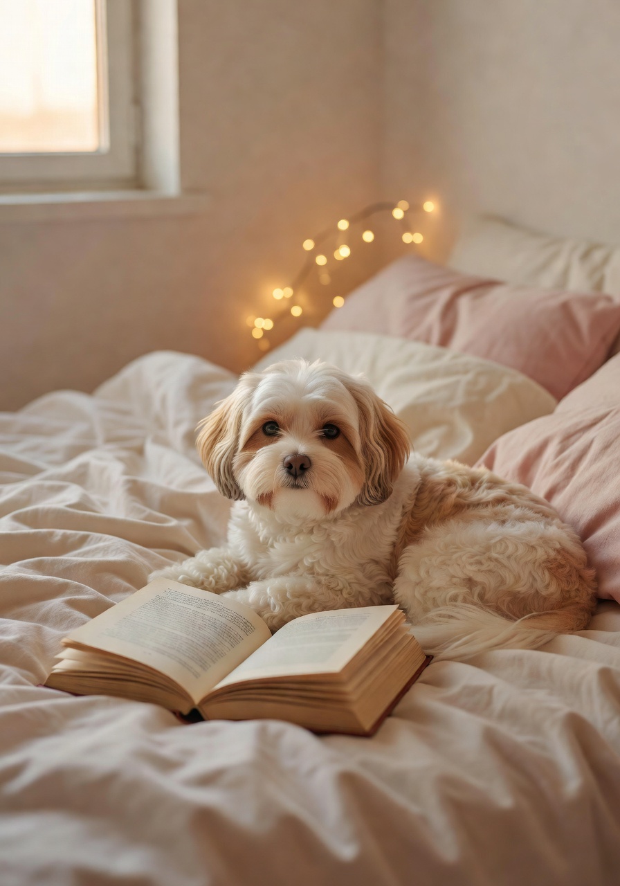 Carmy curled on a cozy bed with an open book nearby, soft warm light, the picture of contentment