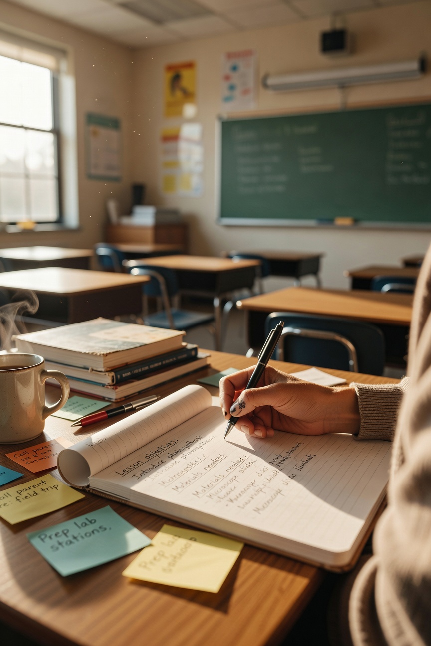 Teacher writing planning notes in a notebook at a classroom desk in warm morning light