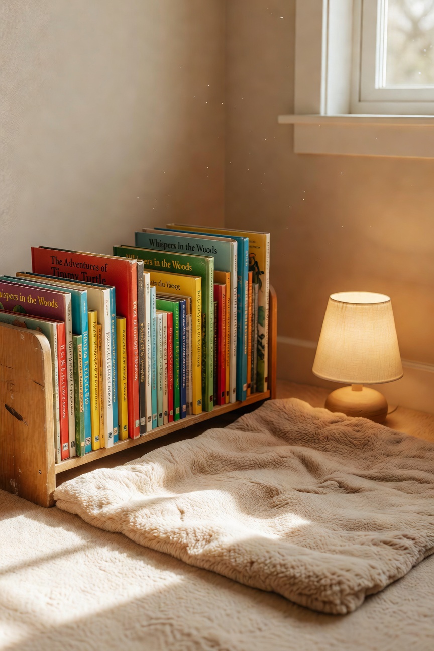 Cozy classroom reading corner with a small bookshelf, soft rug, and warm lamp