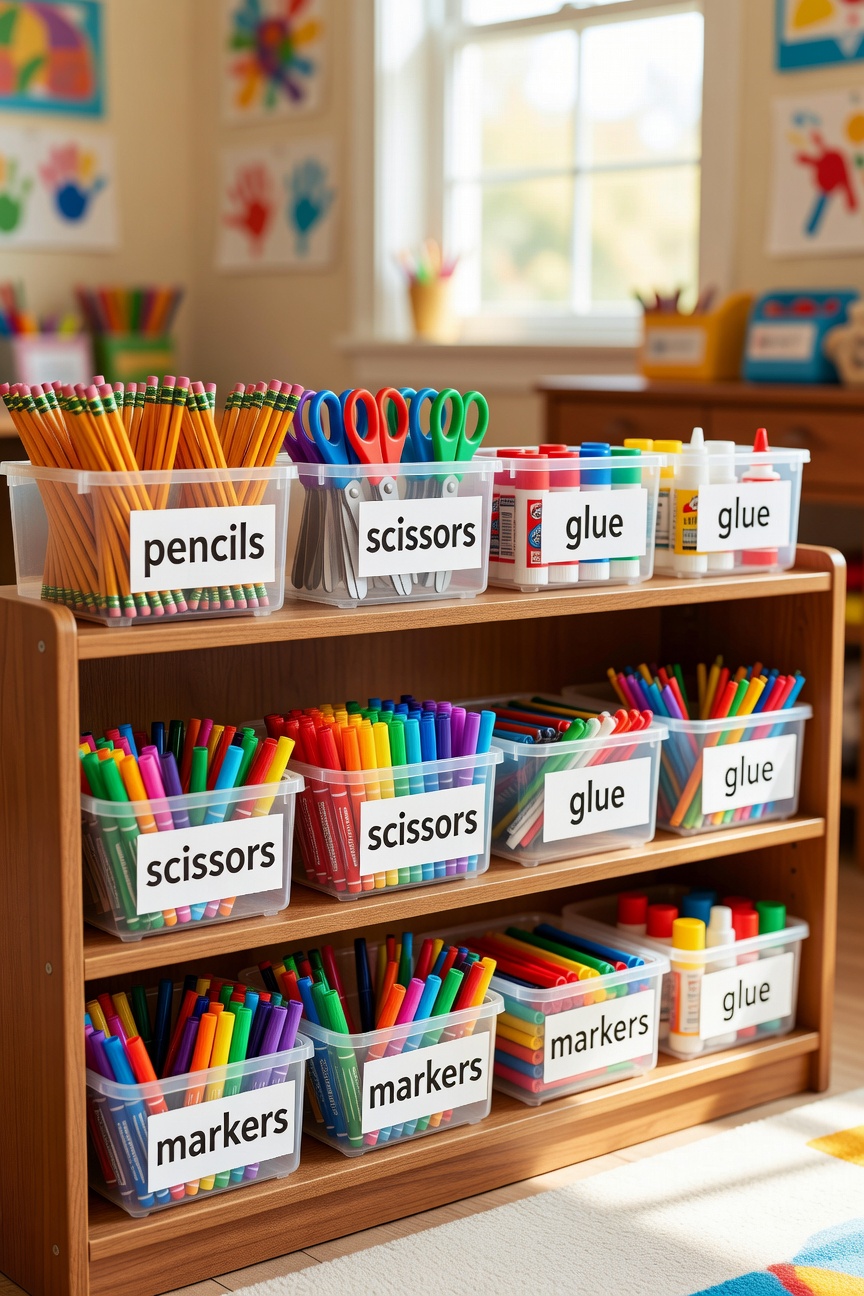 Organized classroom supply station with clear labeled bins for pencils, scissors, glue, and markers