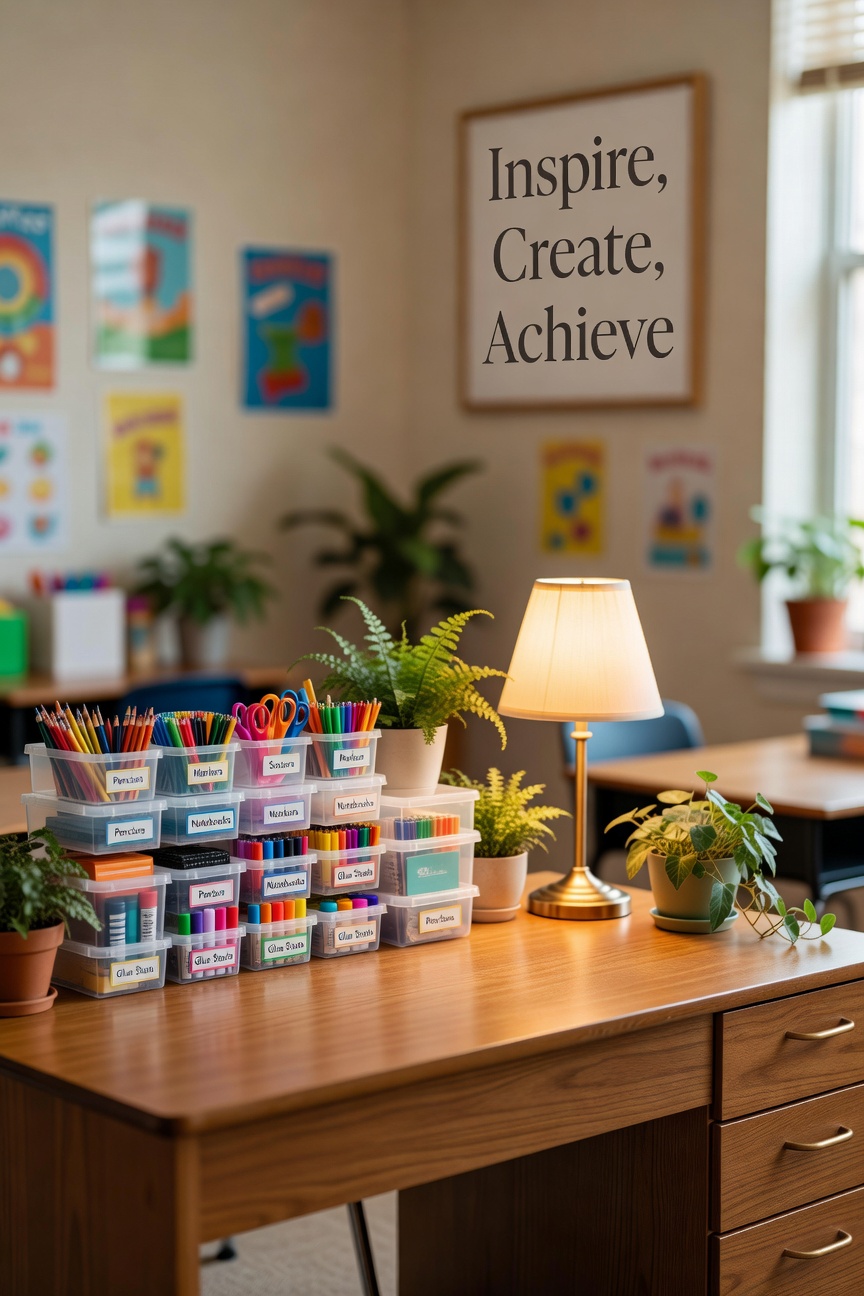 Organized teacher desk with labeled bins, a small lamp, plants, and a framed motivational quote
