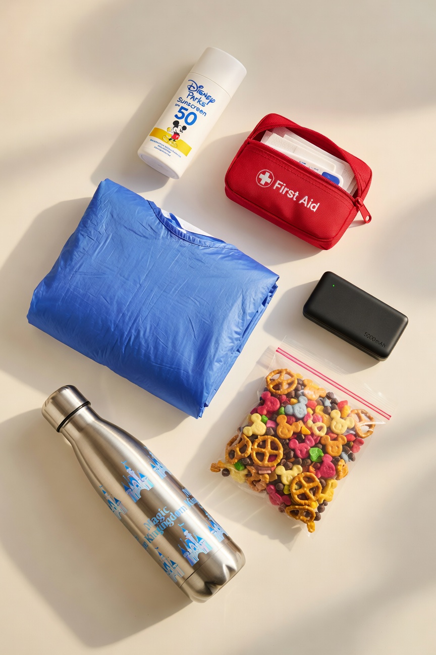 Disney day bag essentials flat lay: sunscreen, first aid kit, poncho, portable charger, snacks, water bottle