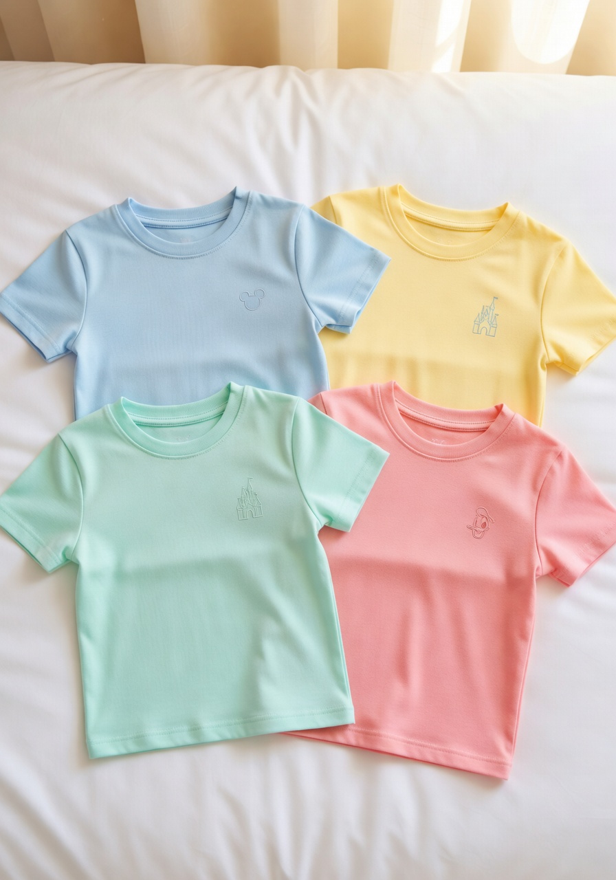 Four coordinating family Disney shirts laid out flat, ready for the trip