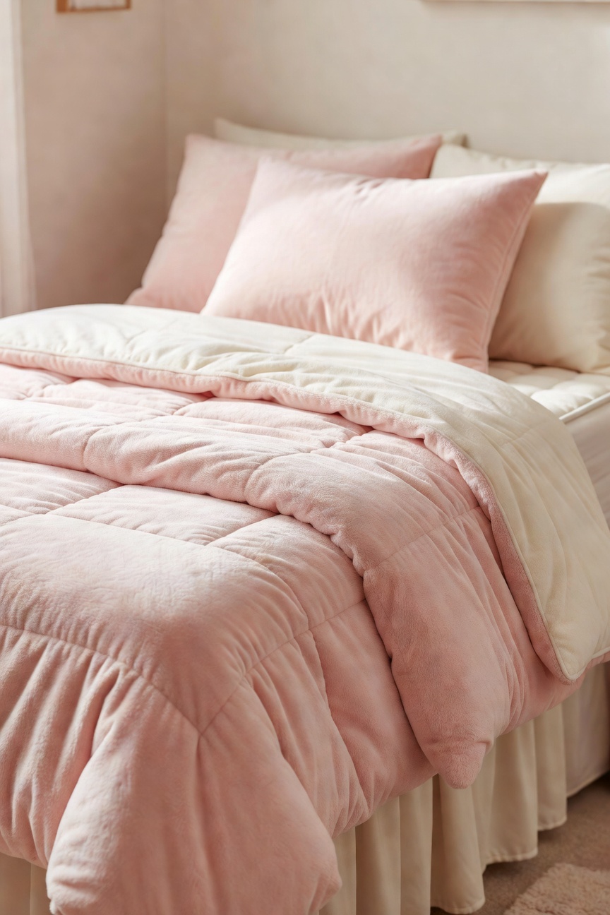 Neatly made extra long twin dorm bed with soft blush pink and cream bedding and a visible mattress topper