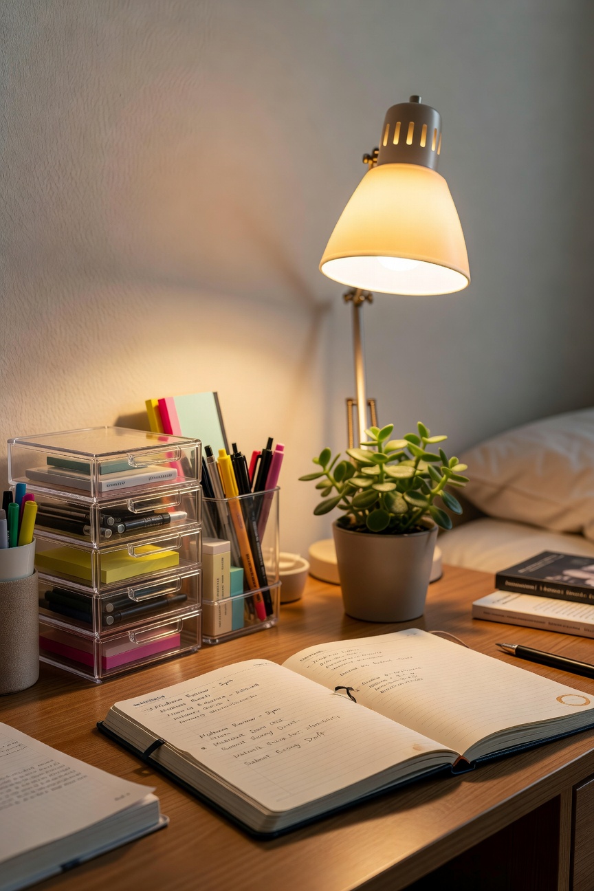 College dorm desk setup with a bright lamp, clear organizer bins, open planner, and small plant