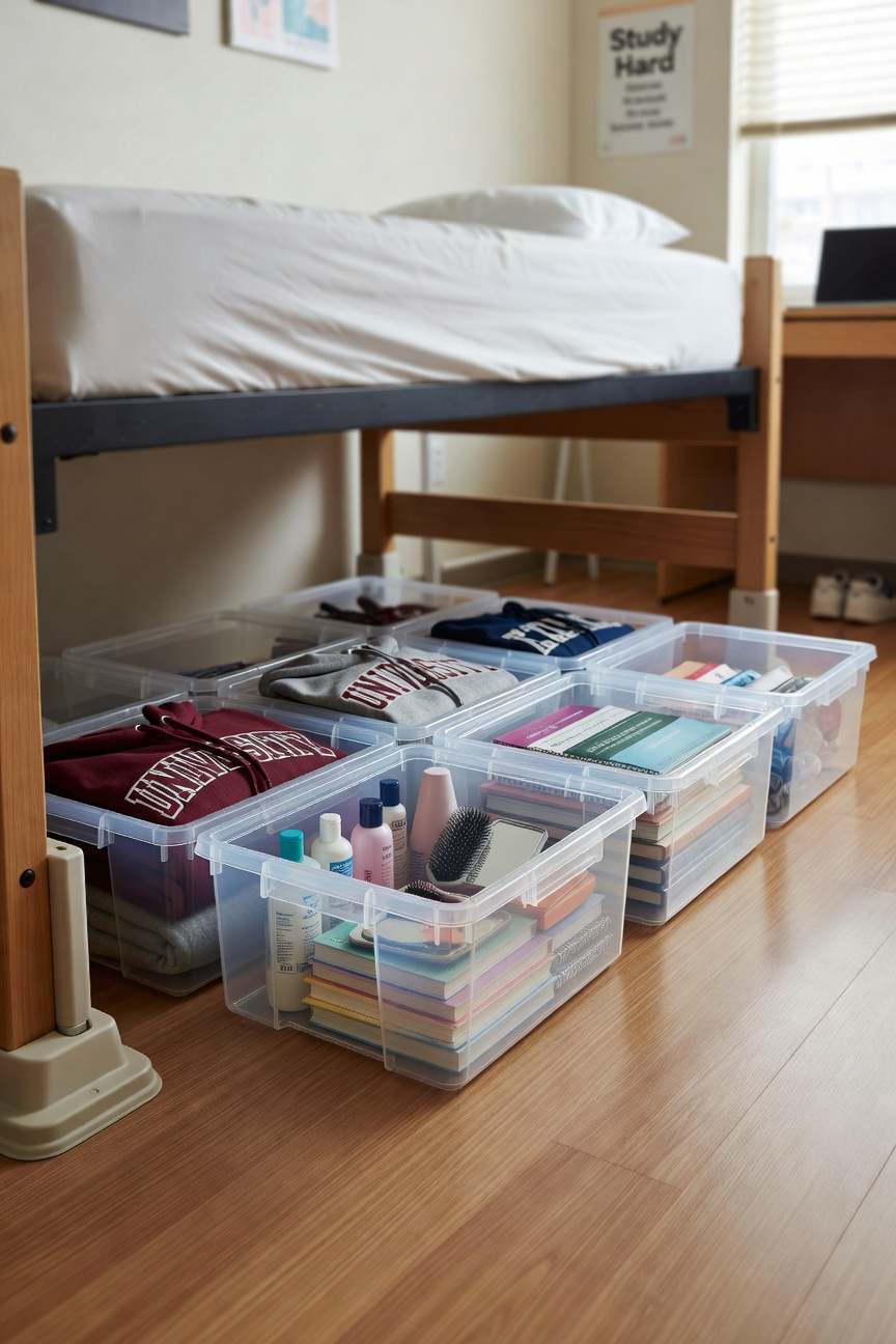 Flat clear storage bins organized under a raised dorm bed on bed risers