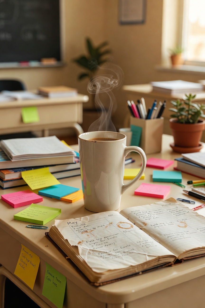 Teacher coffee mug on a desk surrounded by sticky notes and a lesson planner open to May