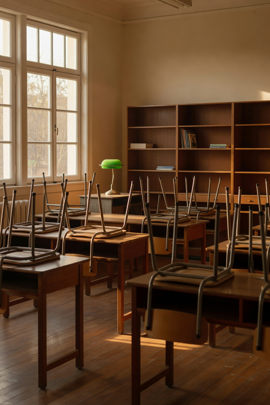 Empty classroom at end of year with chairs stacked on desks and warm afternoon light through the windows