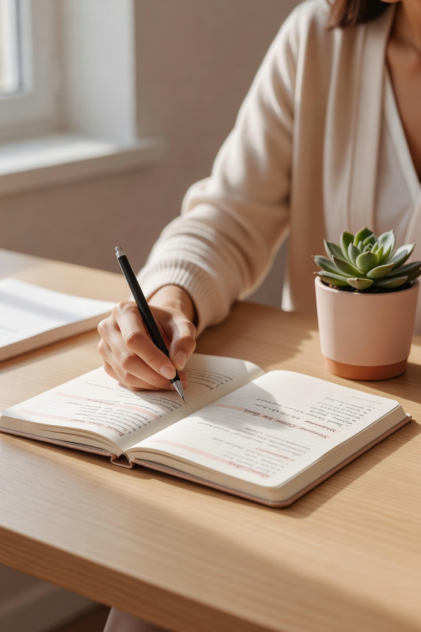 Teacher writing summer planning notes in a planner at a tidy desk by a window