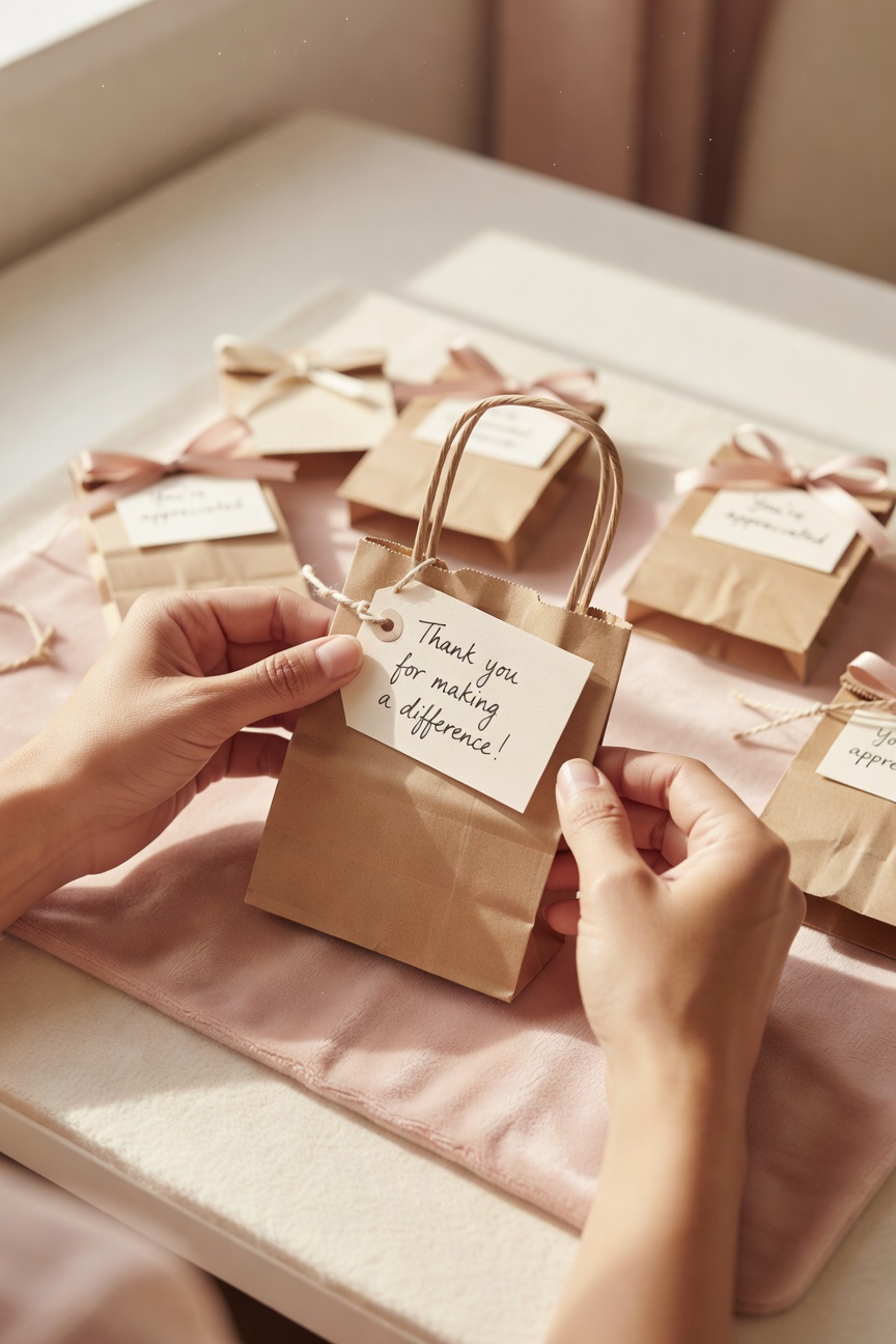 Small kraft paper gift bags with handwritten notes for student end of year appreciation