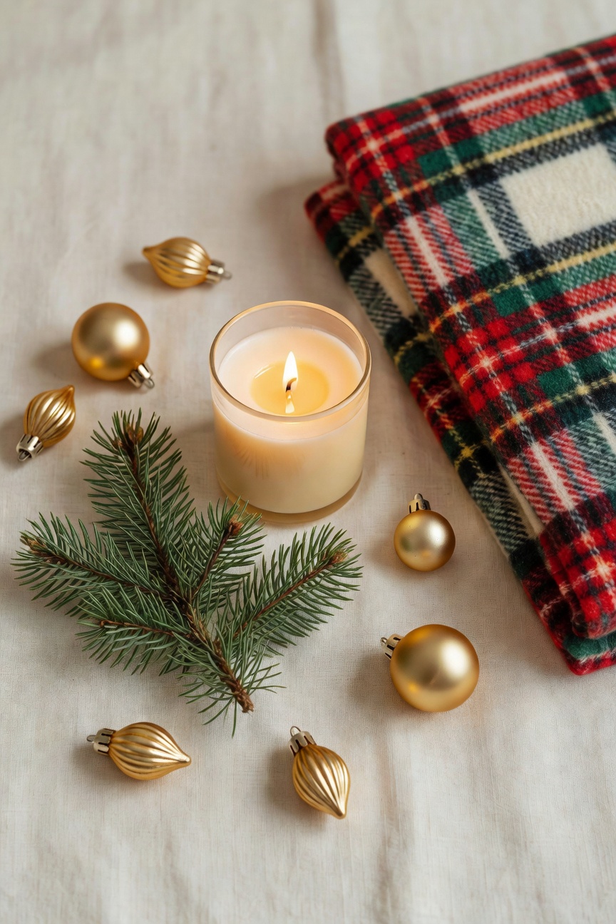 Cozy Christmas flat lay with a lit candle, pine sprig, gold ornaments, and plaid throw on cream linen