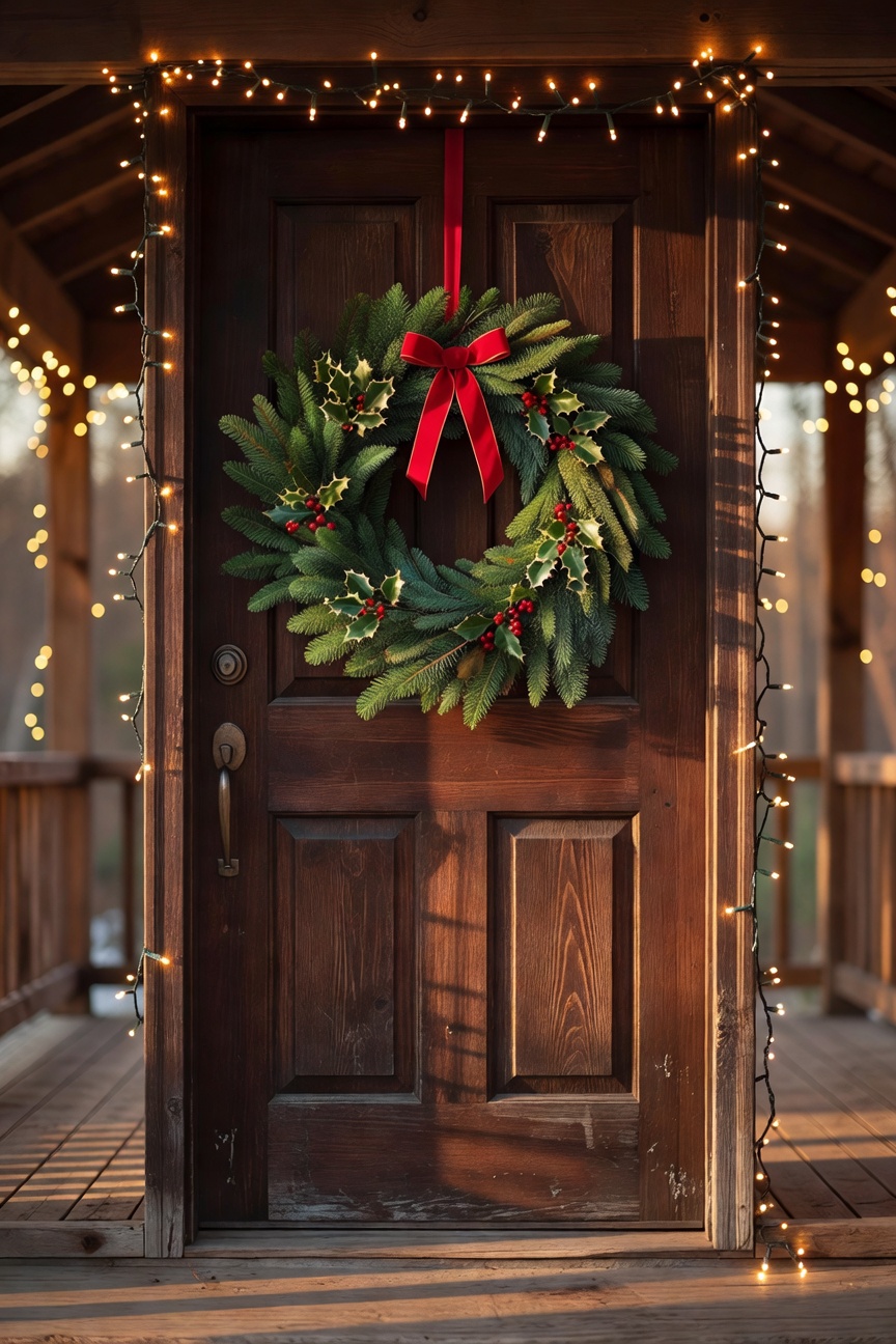 Front door decorated with a fresh Christmas wreath with a red bow and white lights around the frame