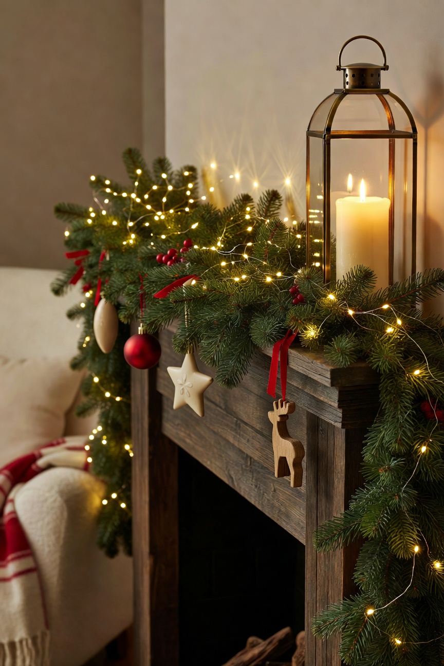 Christmas mantle with green garland, warm white twinkling lights, ornaments, and a lantern candle
