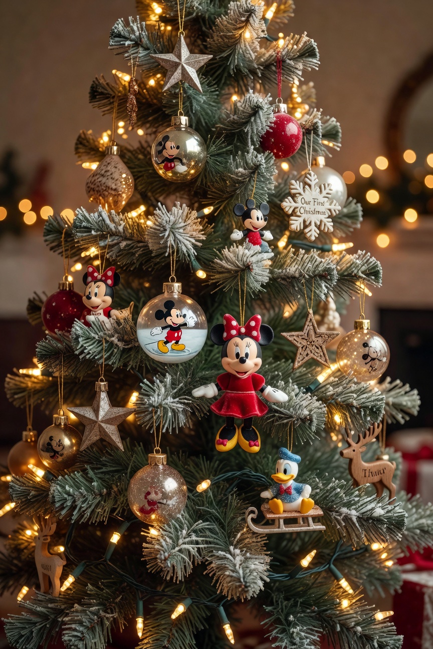 Decorated Christmas tree with warm white lights and a collection of meaningful ornaments