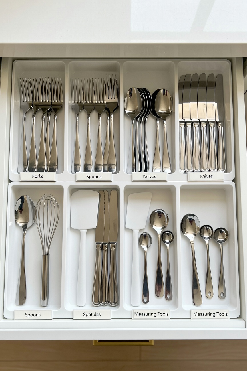 Organized kitchen drawer with white dividers sorting utensils neatly with labels