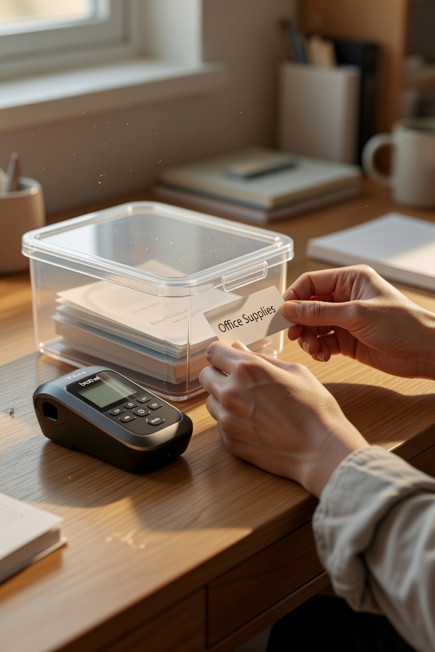 Label maker next to a clear storage bin with a fresh label being applied