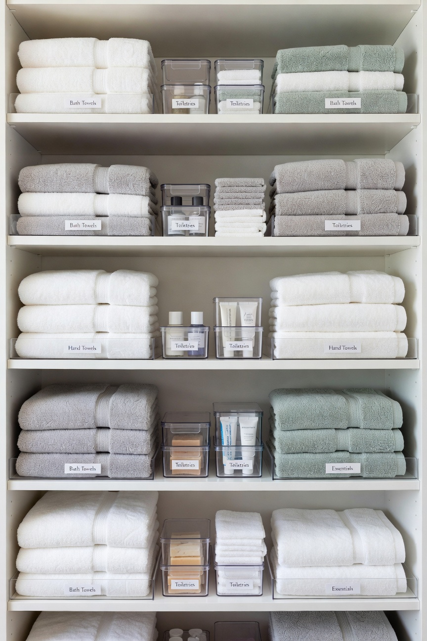 Organized linen closet with neatly folded towels, shelf dividers, and small labeled bins