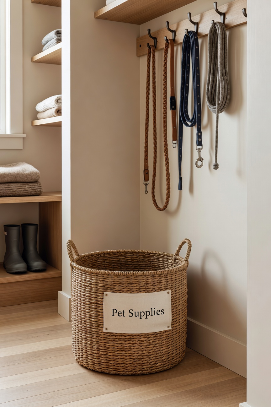 Organized back entry with a labeled wicker basket for pet supplies and leashes hung neatly on hooks