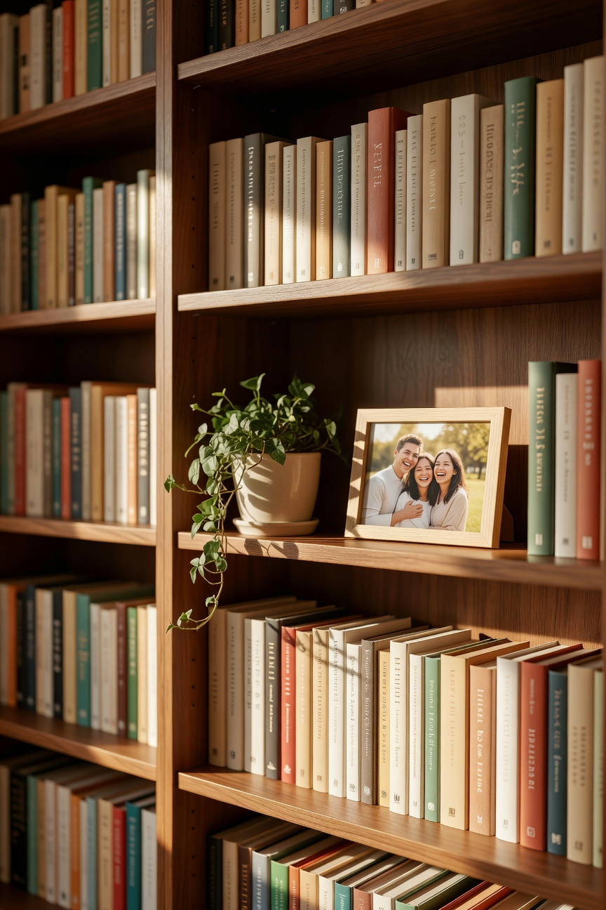 Organized home bookshelf with a warm mix of paperbacks and hardcovers in a cozy living room