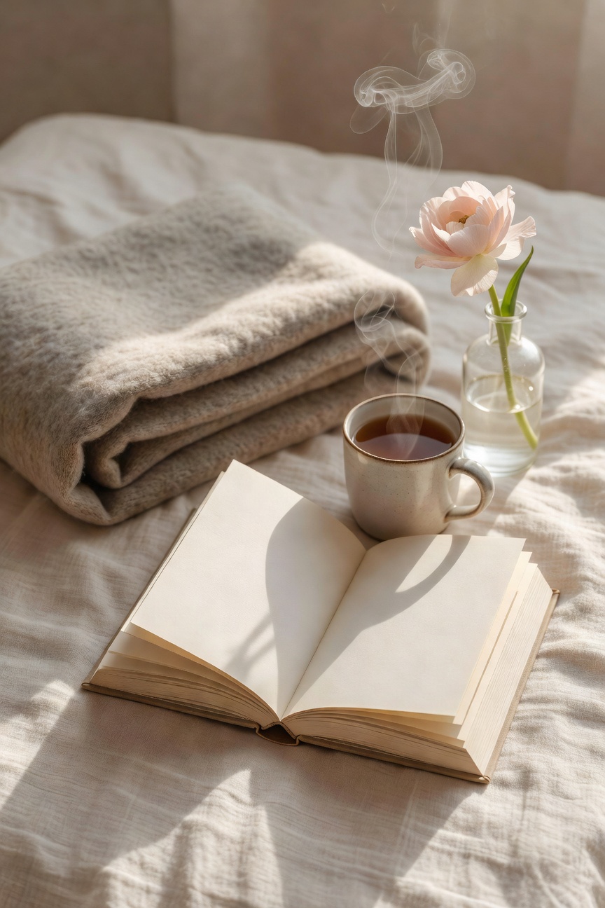 Reading flat lay with an open book, hot tea, cozy blanket, and pink flower on cream linen