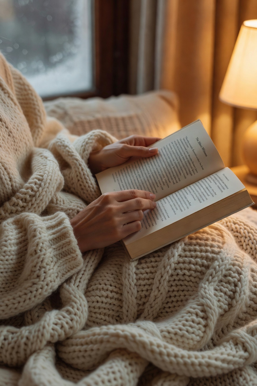 Hands holding an open thriller novel wrapped in a cream knit blanket on a winter evening