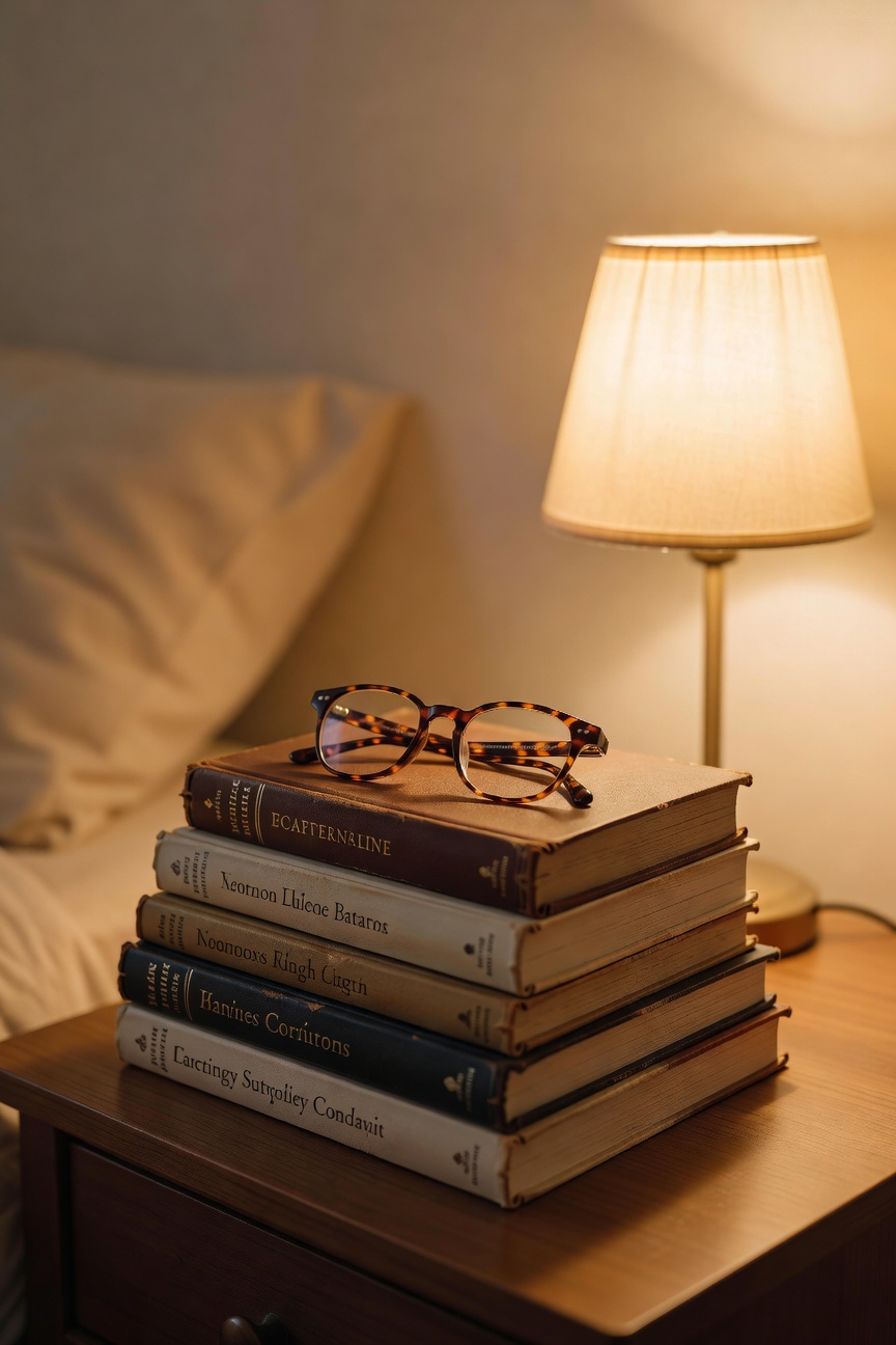 Stack of books on a nightstand with a glowing lamp and reading glasses on top