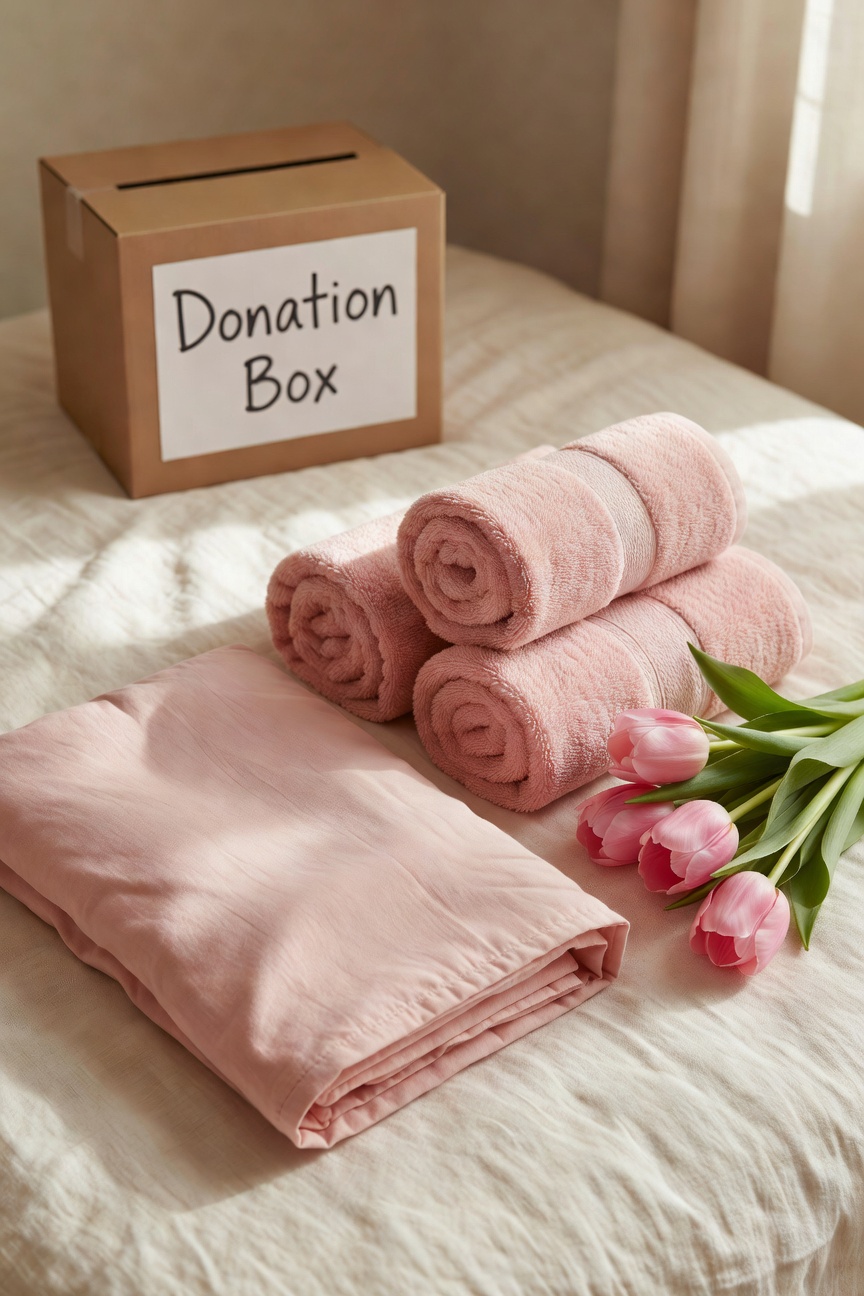 Spring home refresh flat lay with blush throw pillow covers, hand towels, and pink tulips on a cream linen surface