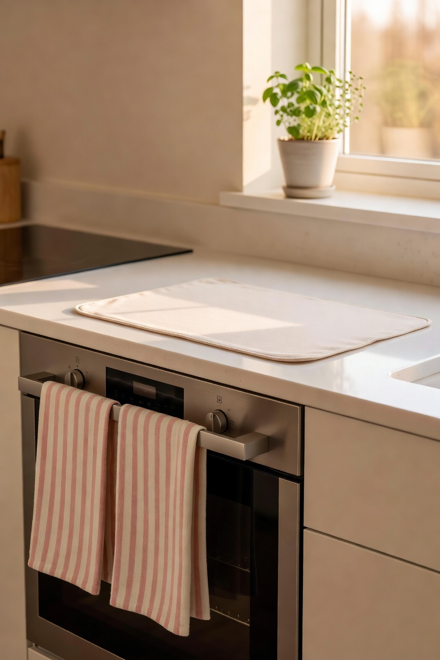 Fresh kitchen with new striped hand towels hanging from the oven and a small herb pot on the windowsill