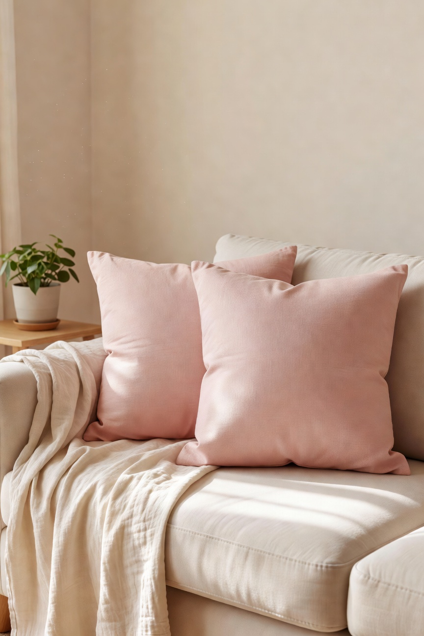 Cream sofa with new blush pink throw pillow covers and a fresh lightweight linen throw for spring