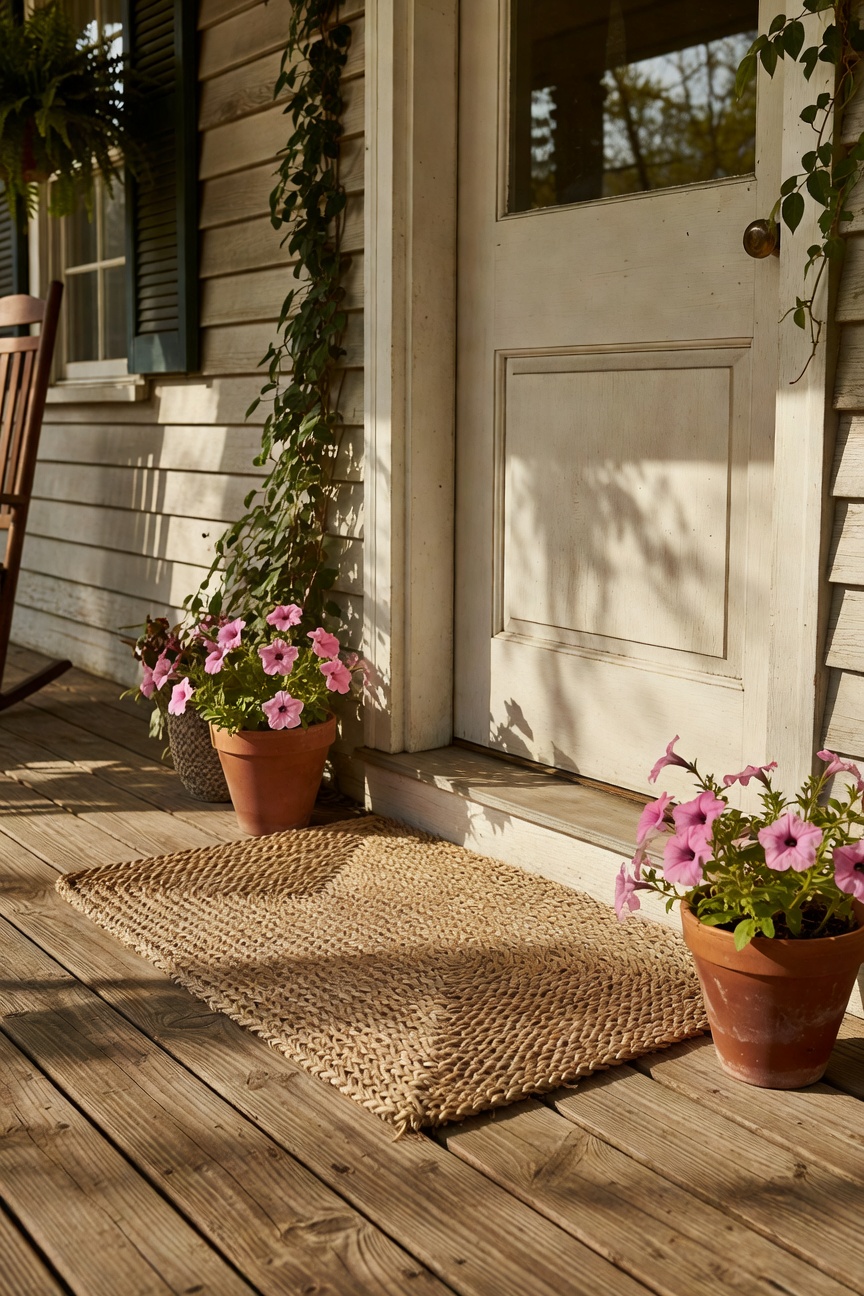 Welcoming front porch with a new doormat and small planters with fresh pink flowers