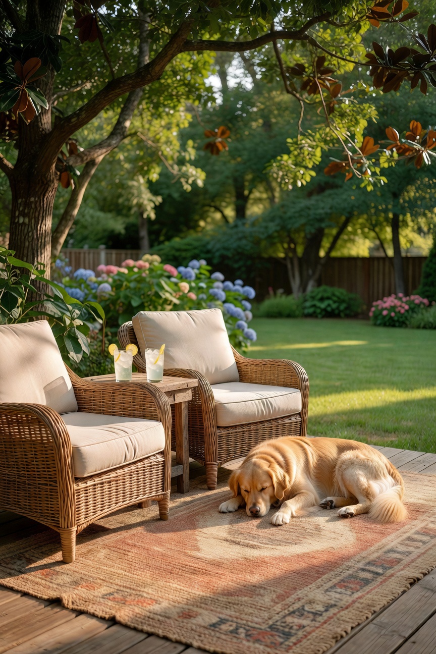 Cozy backyard patio with wicker chairs, lemonade, and a dog napping in the shade