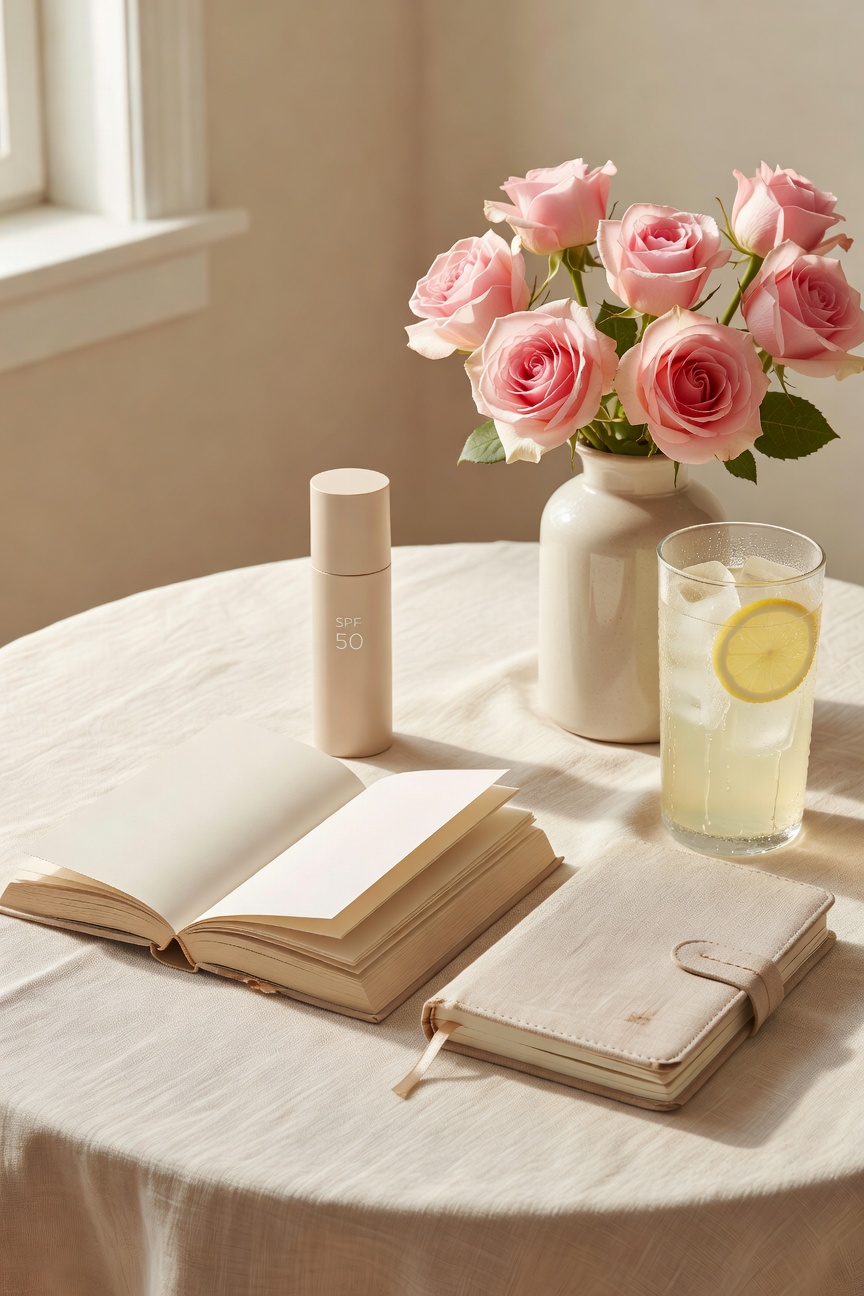 Summer at home flat lay with sunscreen, open book, journal, pink roses, and a glass of lemonade on a cream linen surface