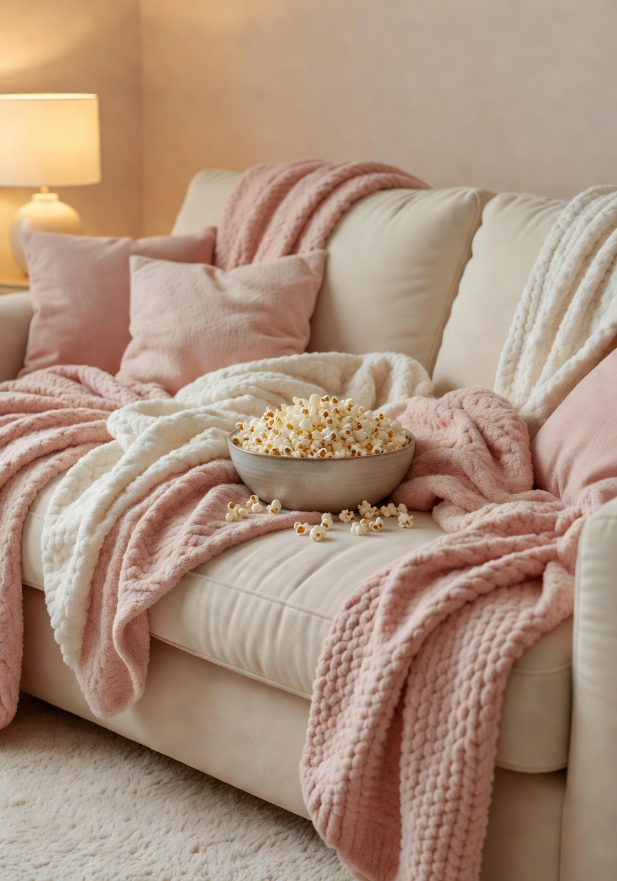 Cream couch with blush pink and white throw blankets and a bowl of popcorn for movie night
