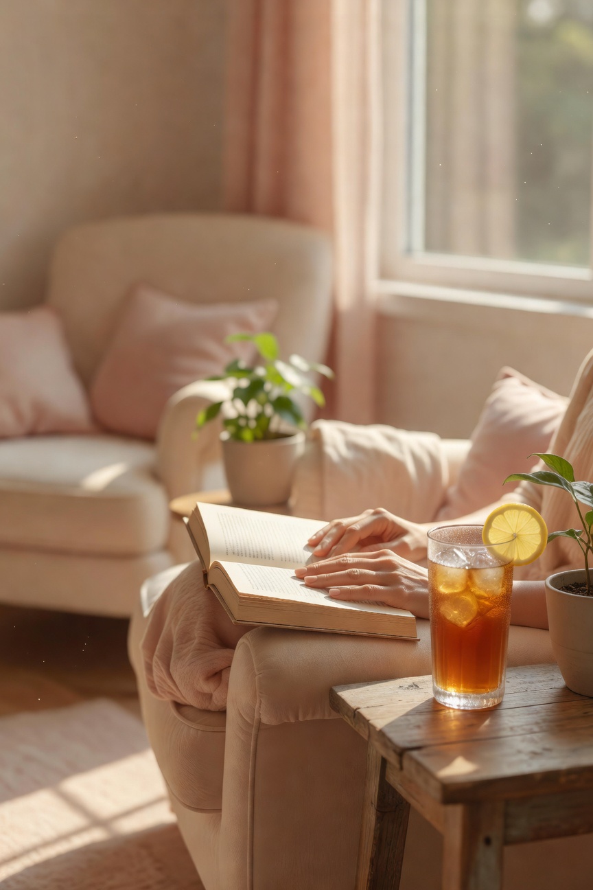 Hands holding an open book in a cozy chair by a window with a glass of iced sweet tea