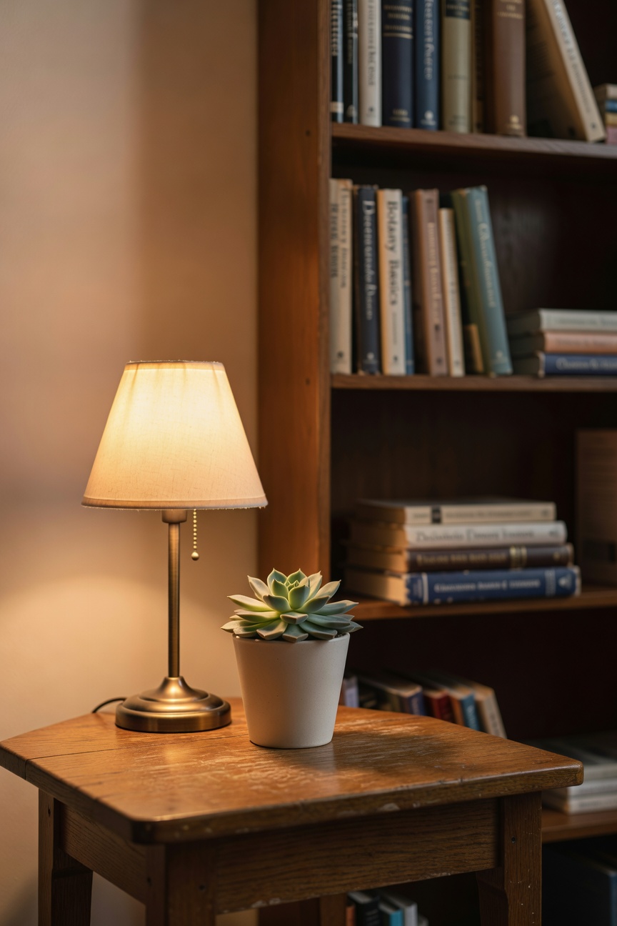 Small warm lamp glowing in a classroom corner beside a potted succulent