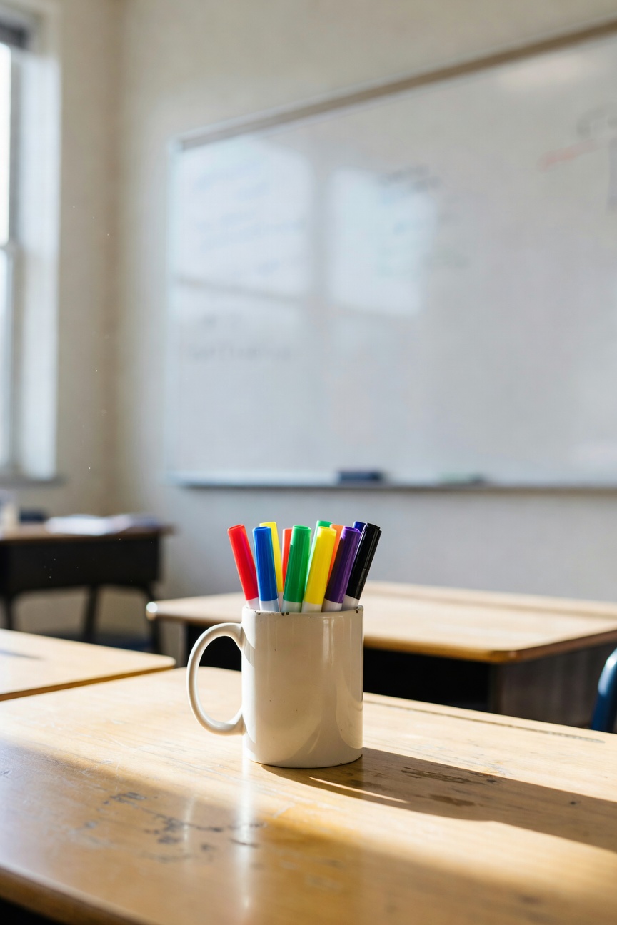 Colorful dry erase markers in a cup on a teacher desk with a whiteboard in the background