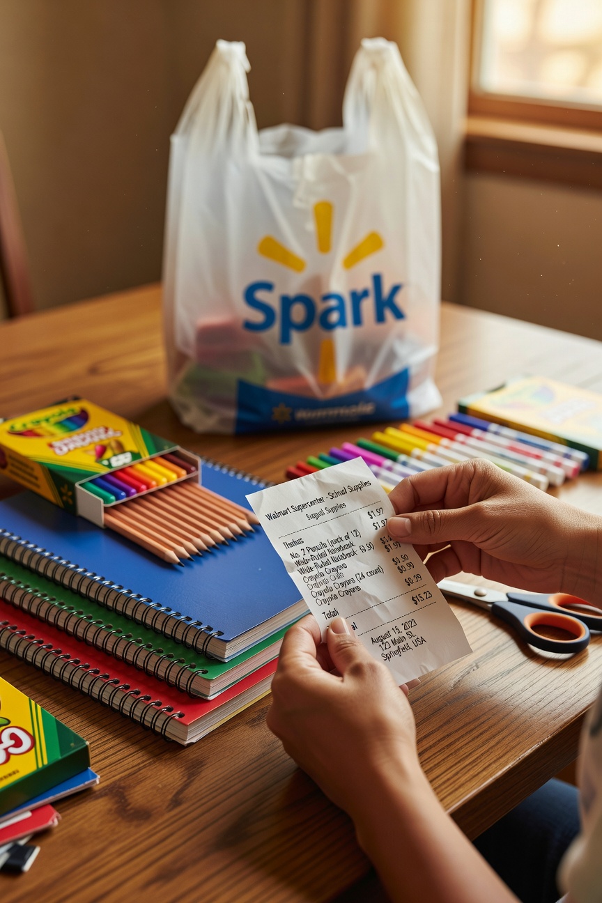 Teacher organizing school supplies from a shopping trip at Walmart