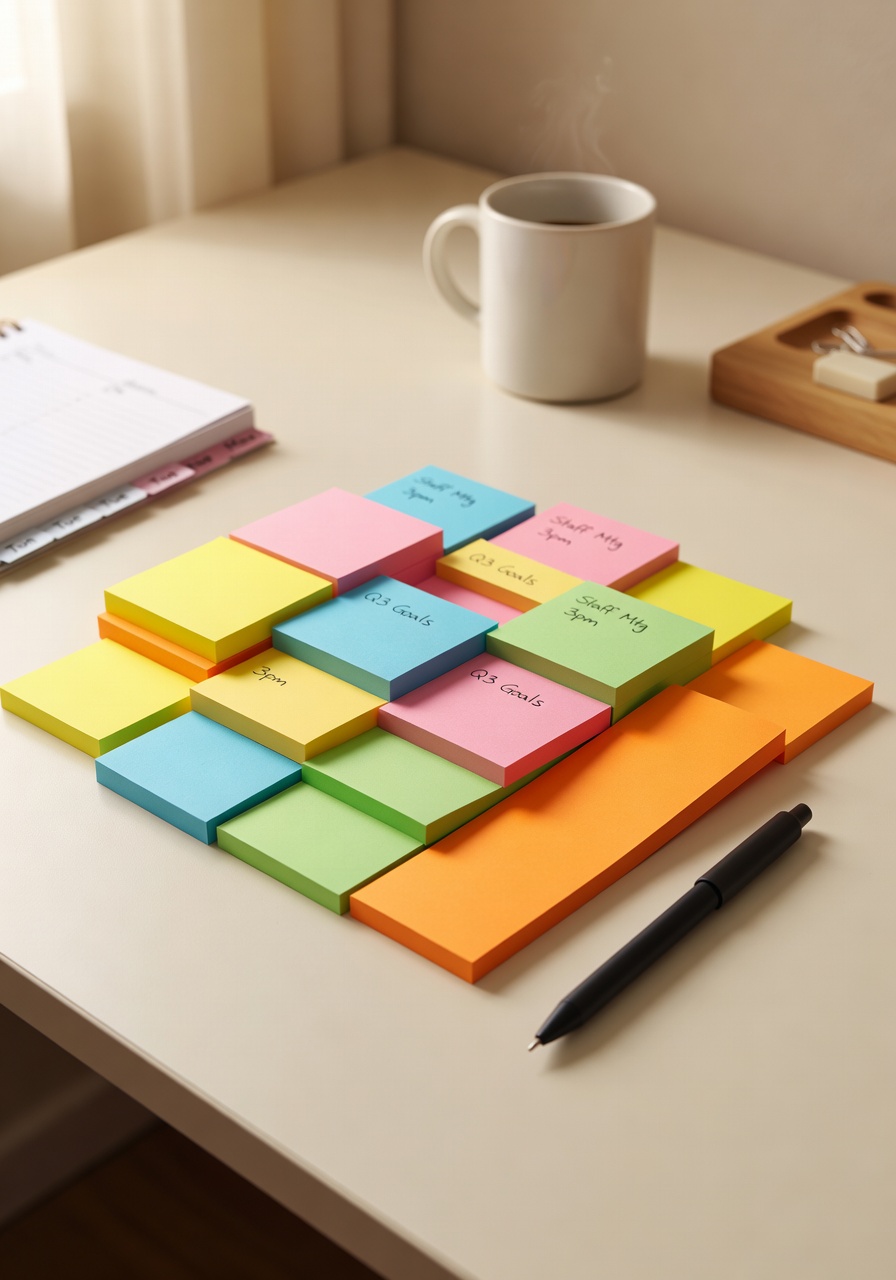 Multiple colors and sizes of sticky notes fanned out on a cream desk surface with a fine tip pen